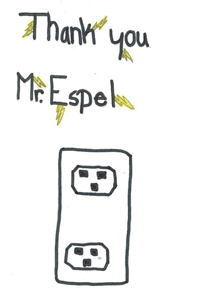 A child's drawing of a power outlet with the words Thank you Mr. Espel.
