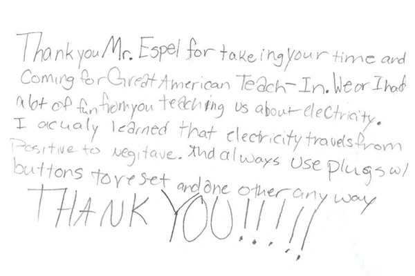 A child's written letter thanking Luis Espel for teaching the students about electricity.